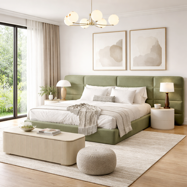 Aura Panel Bed by Urbana Craft styled in a luxury contemporary bedroom.