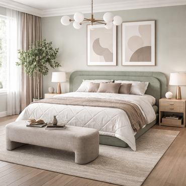 Double Board Deluxe Bed by Urbana Craft styled in a luxury contemporary bedroom.