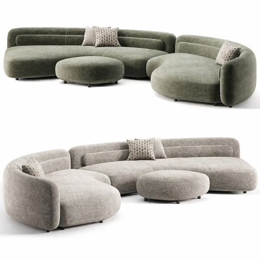Halo Curve Sofa by Urbana Craft shown in dual studio views highlighting its premium design and sculptural silhouette.