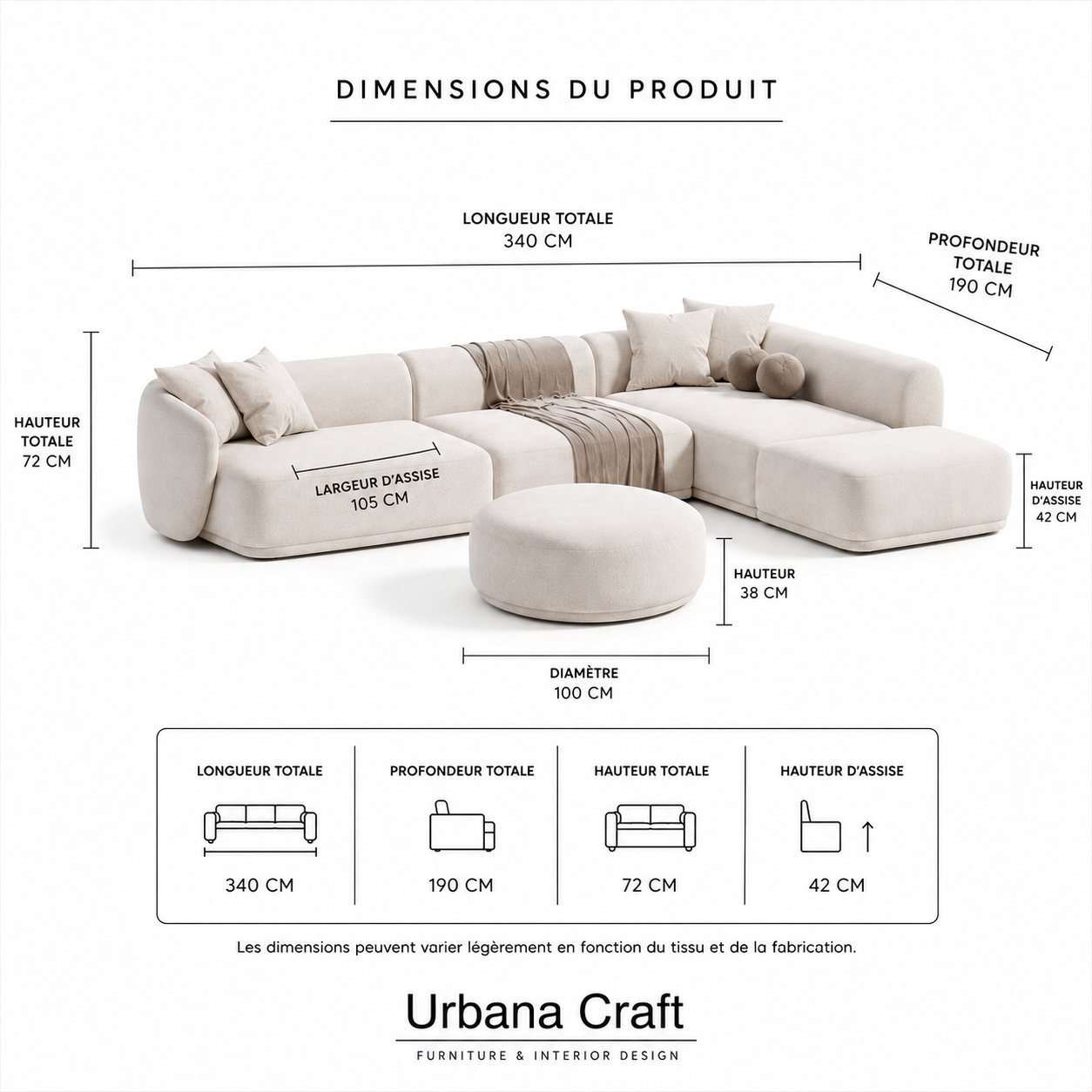 Luna Corner Sofa dimensions sheet showing technical specifications and measurements.