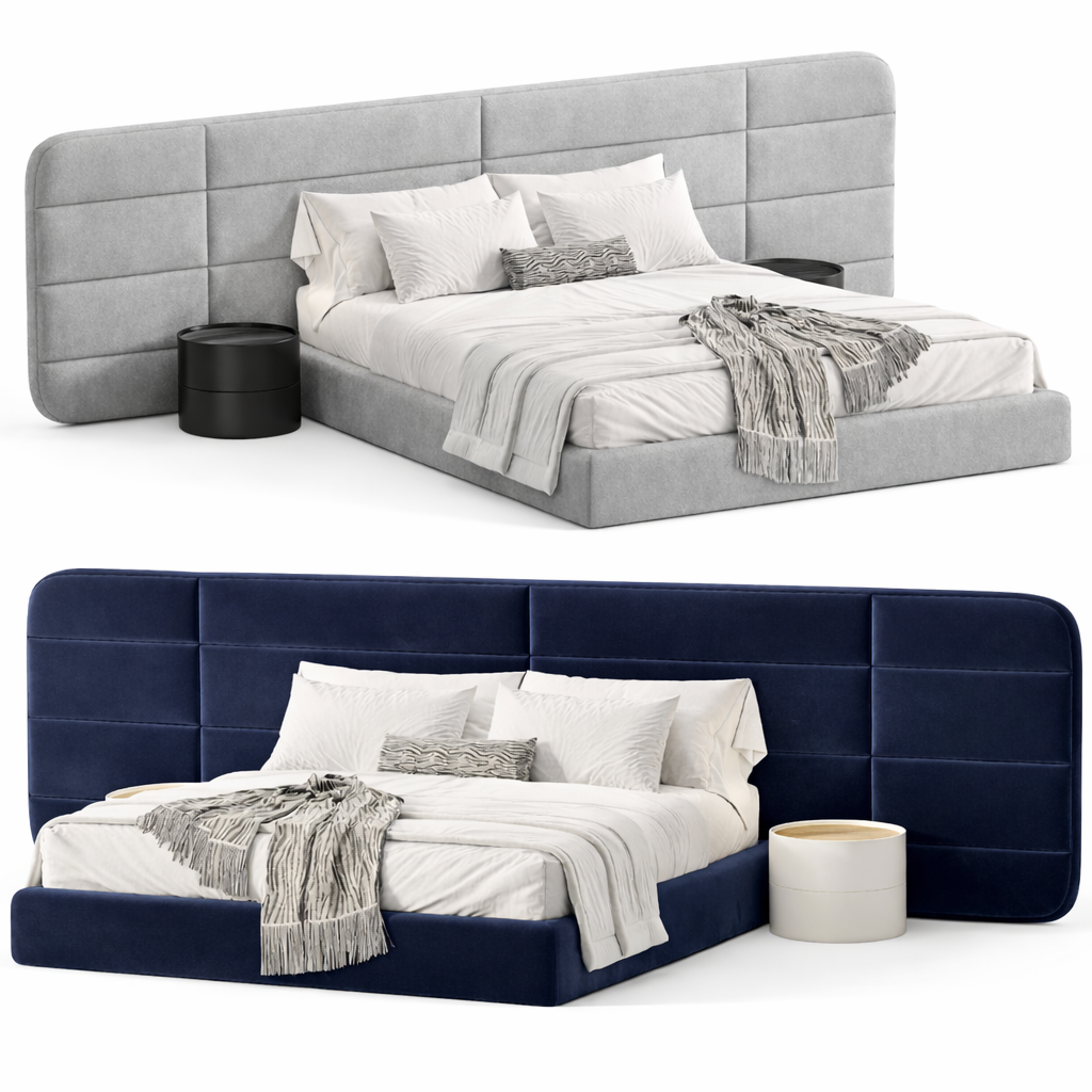Aura Panel Bed by Urbana Craft shown in dual studio views highlighting its premium design and sculptural silhouette.