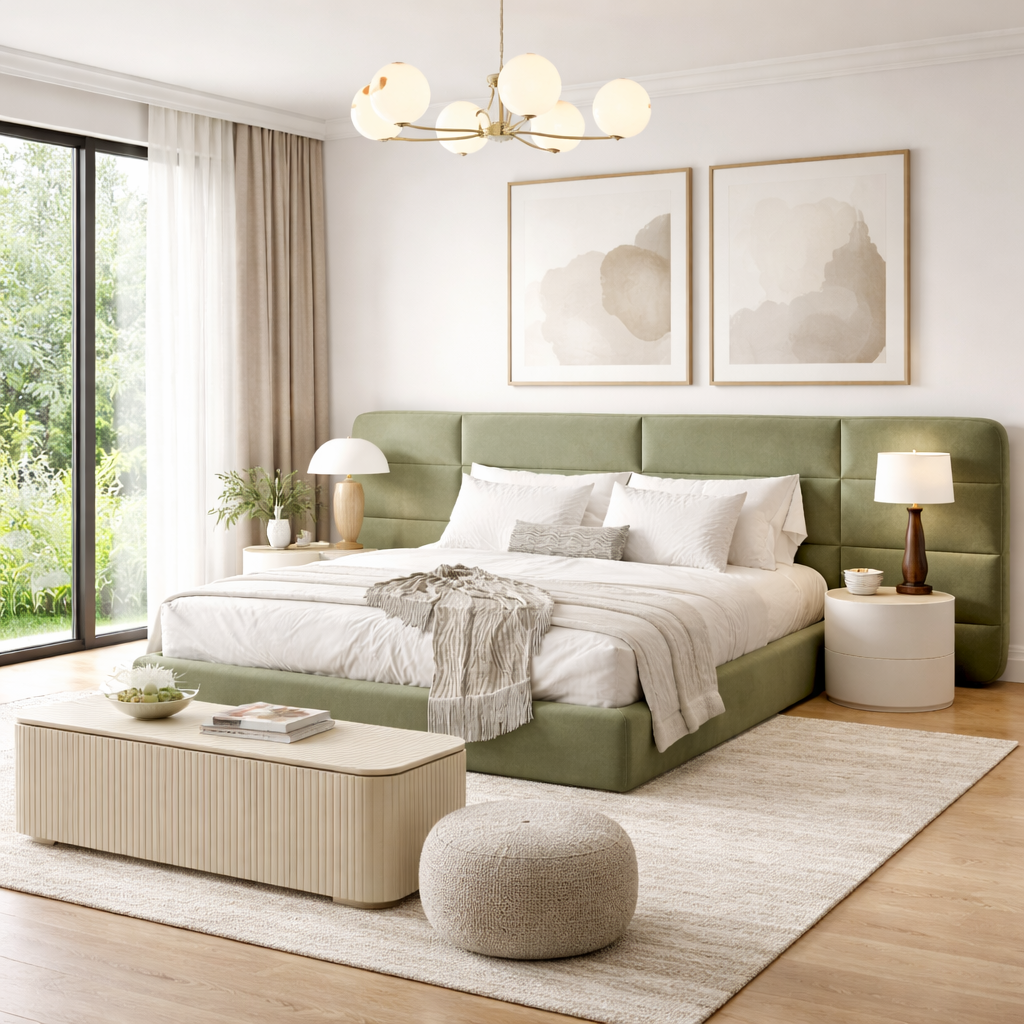Aura Panel Bed by Urbana Craft styled in a luxury contemporary bedroom.