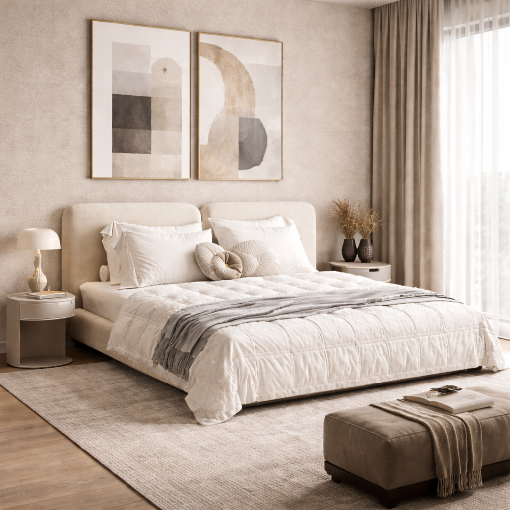 Double Arch Bed by Urbana Craft styled in a luxury contemporary bedroom.