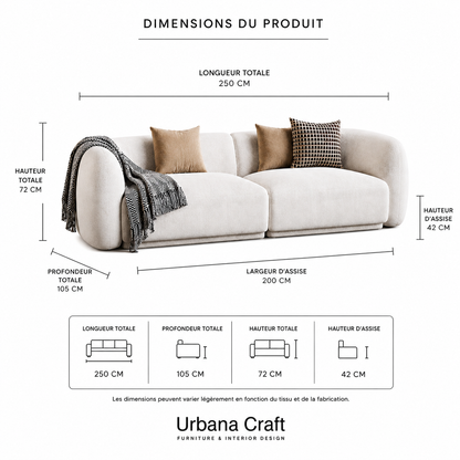 Dune Sofa dimensions sheet showing technical specifications and measurements.