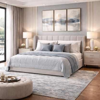 Eclipse Frame Bed by Urbana Craft styled in a luxury contemporary bedroom.