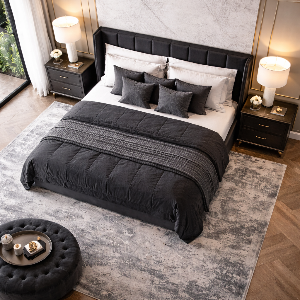 Eclipse Frame Bed by Urbana Craft presented in a luxury designer bedroom.