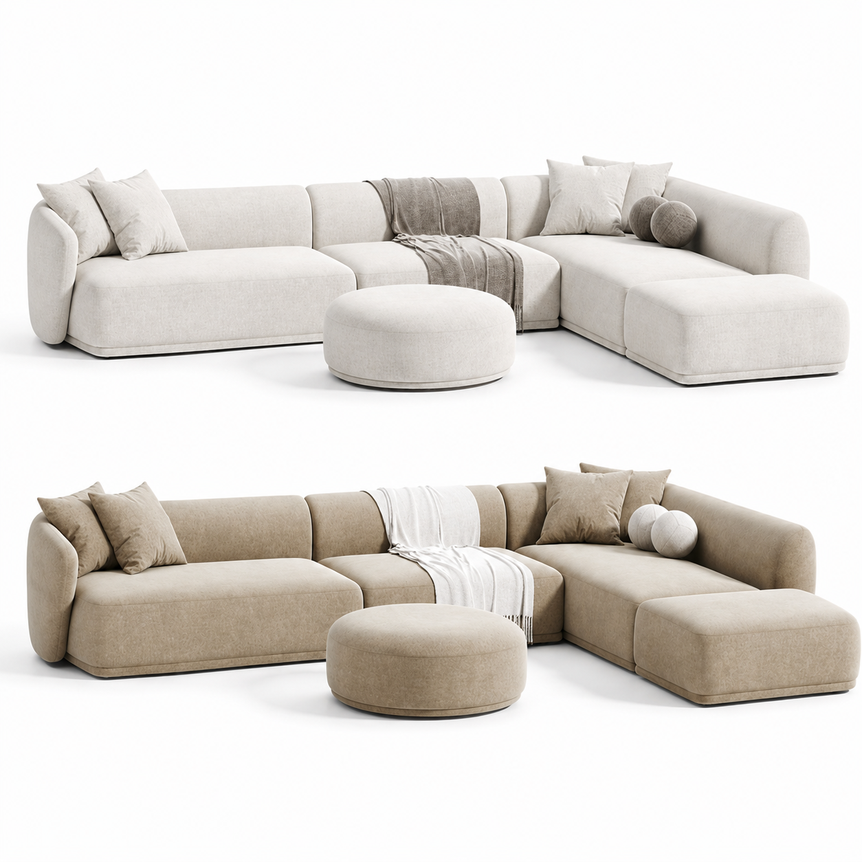 Luna Corner Sofa by Urbana Craft shown in dual studio views highlighting its premium design and sculptural silhouette.