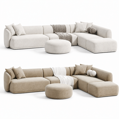 Luna Corner Sofa by Urbana Craft shown in dual studio views highlighting its premium design and sculptural silhouette.