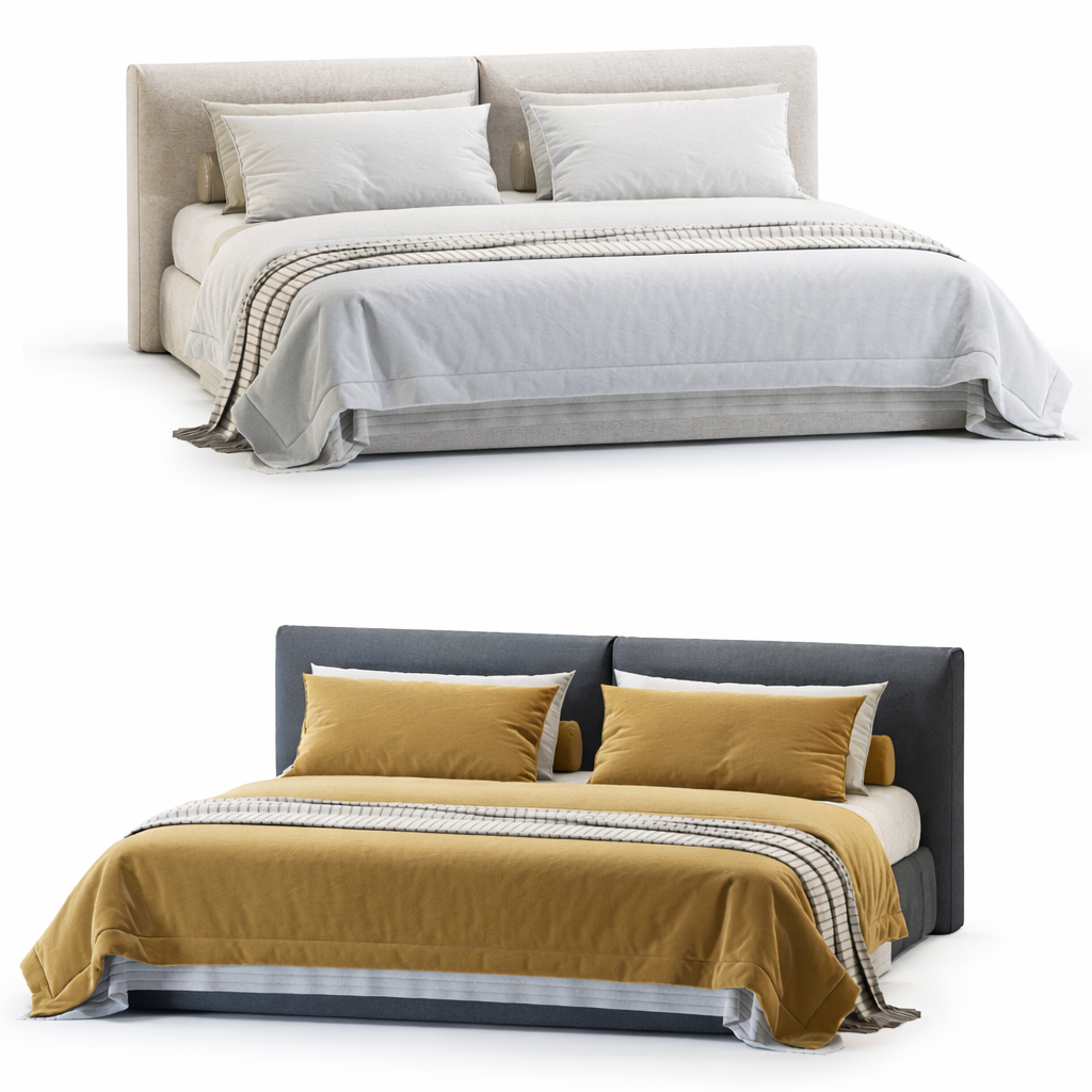 Nova Ease Bed by Urbana Craft shown in dual studio views highlighting its premium design and sculptural silhouette.