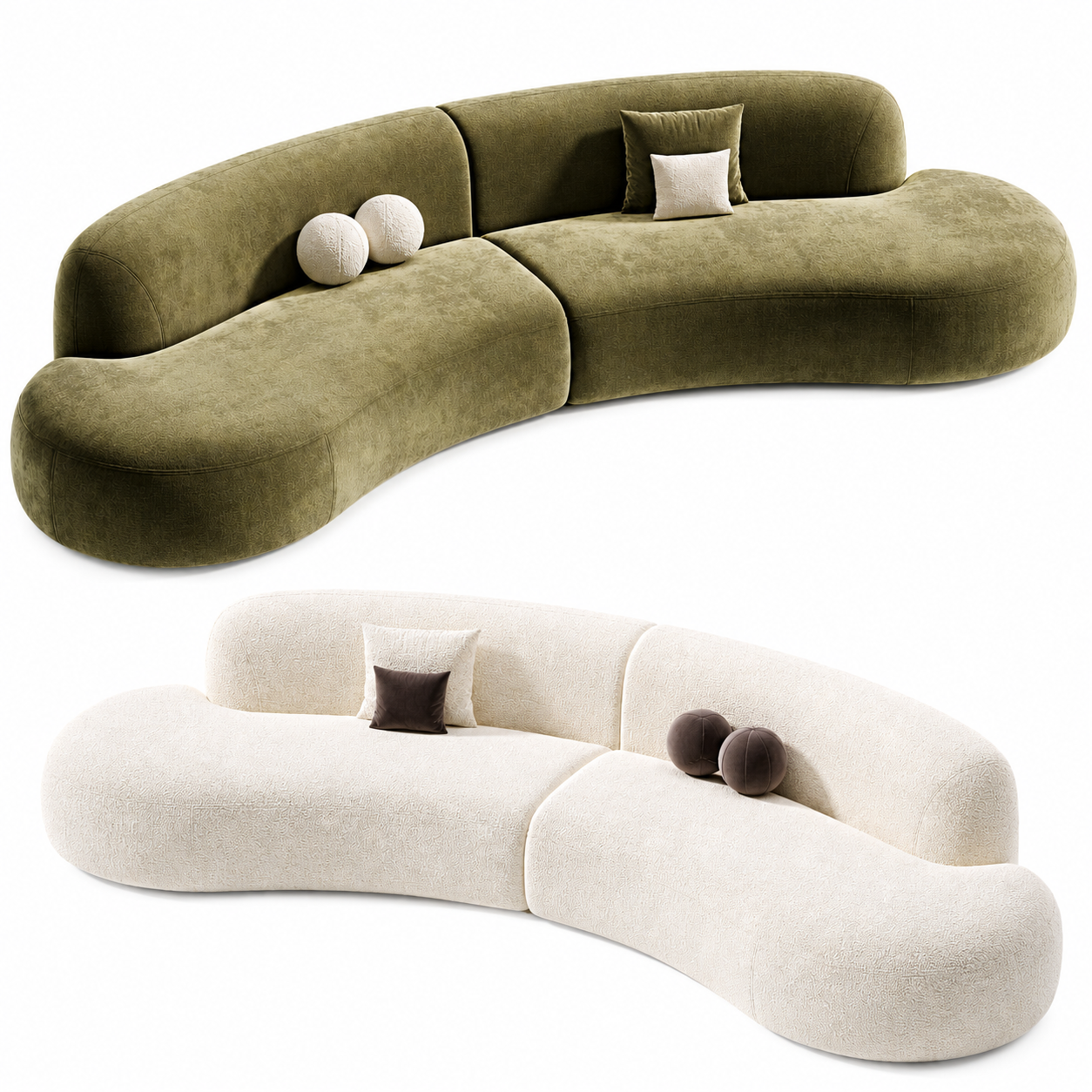Oria Sofa by Urbana Craft shown in dual studio views highlighting its sculptural modular design and premium upholstery.