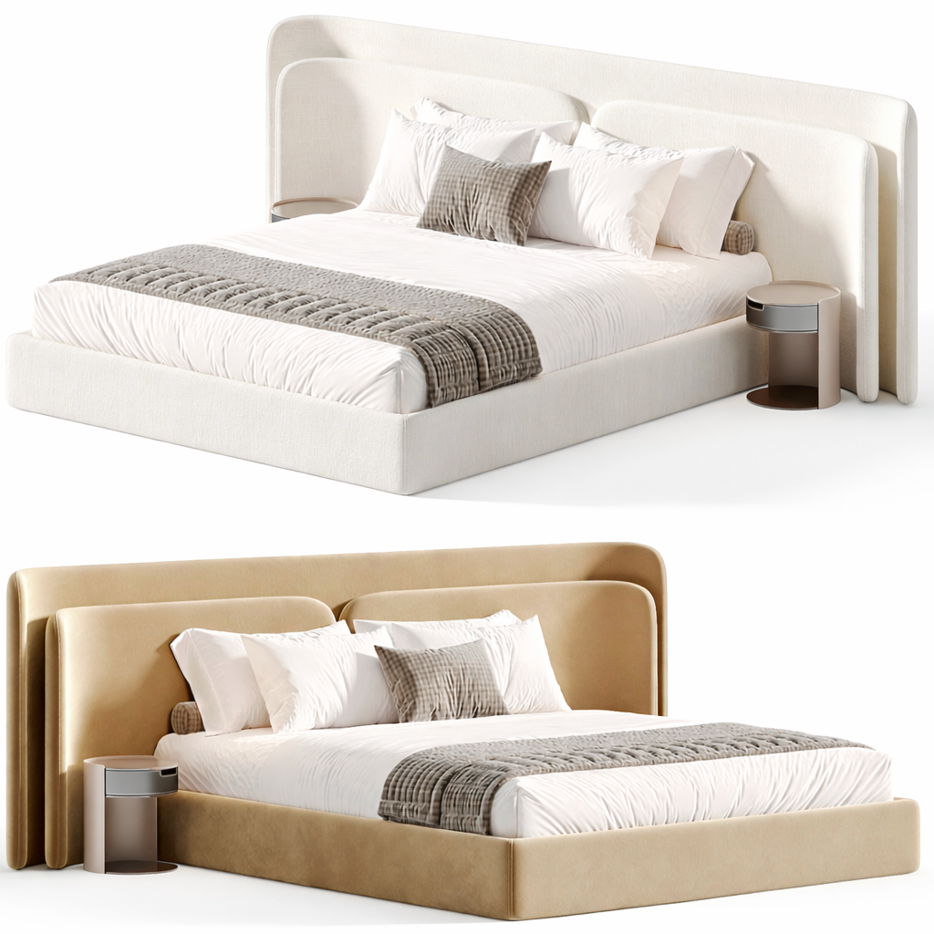 Orion Crest Bed by Urbana Craft shown in dual studio views highlighting its premium design and sculptural silhouette.