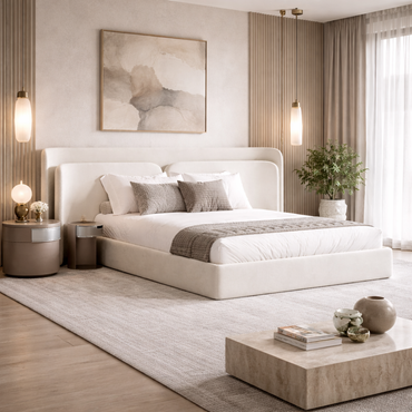 Orion Crest Bed by Urbana Craft styled in a luxury contemporary bedroom.