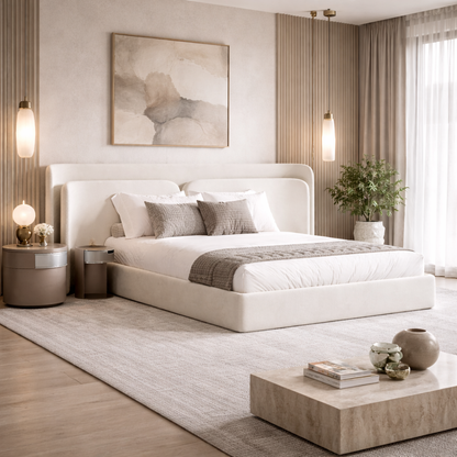 Orion Crest Bed by Urbana Craft styled in a luxury contemporary bedroom.