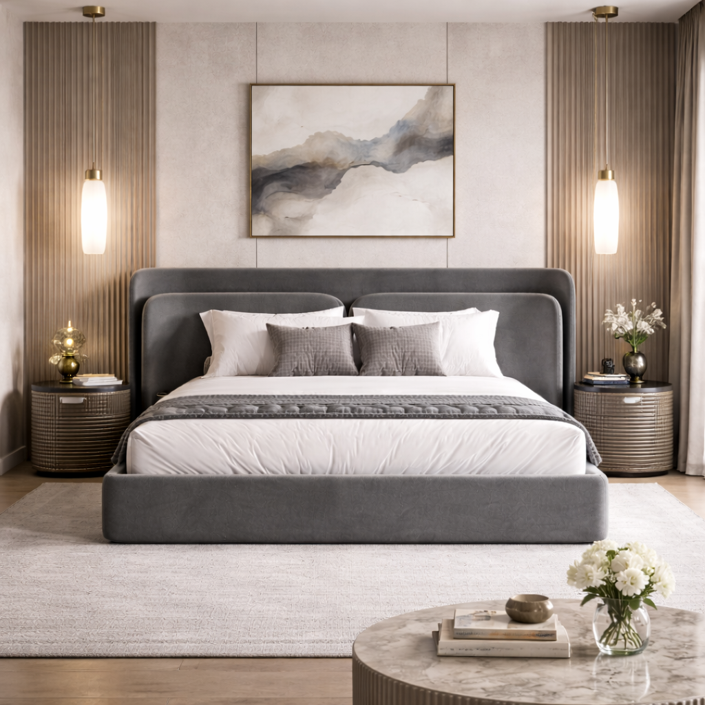 Orion Crest Bed by Urbana Craft showcased in a refined modern master suite.