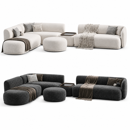 Pearl Sofa by Urbana Craft shown in dual studio views highlighting its premium design and sculptural silhouette.