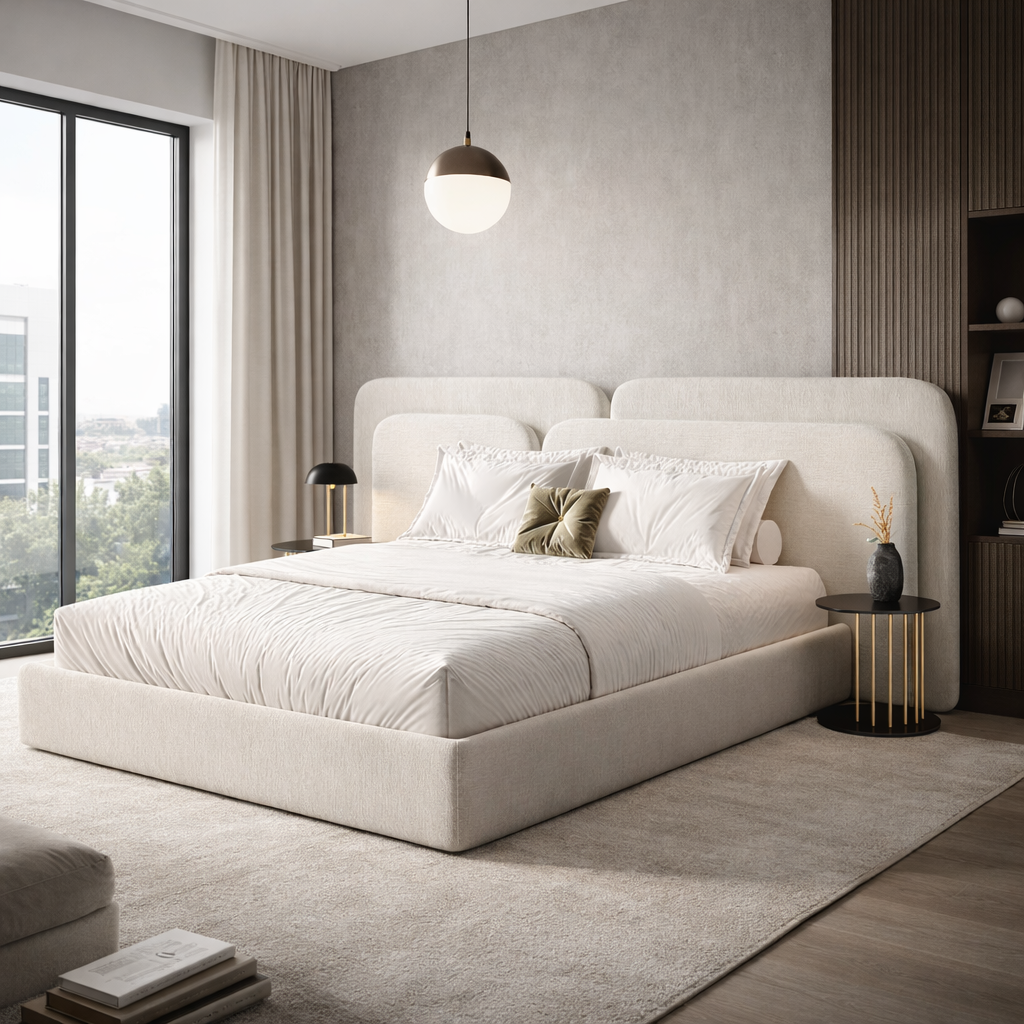 Quartus Arch Bed by Urbana Craft styled in a luxury contemporary bedroom.