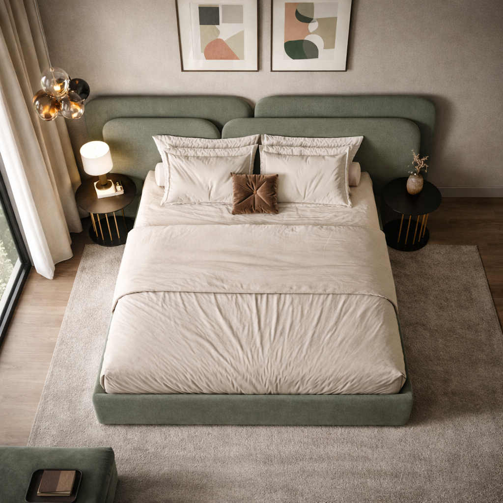 Quartus Arch Bed by Urbana Craft presented in a luxury designer bedroom.