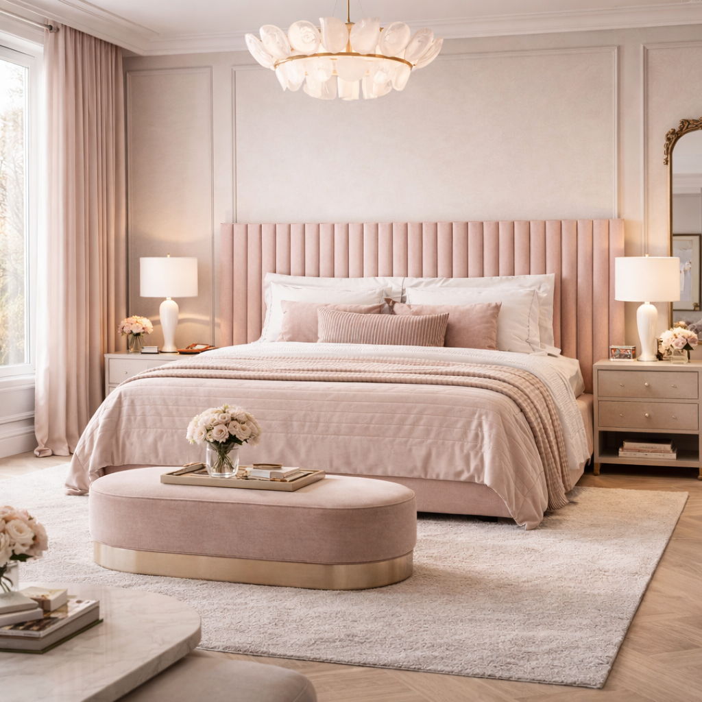 Roman Pillar Bed by Urbana Craft styled in a luxury contemporary bedroom.