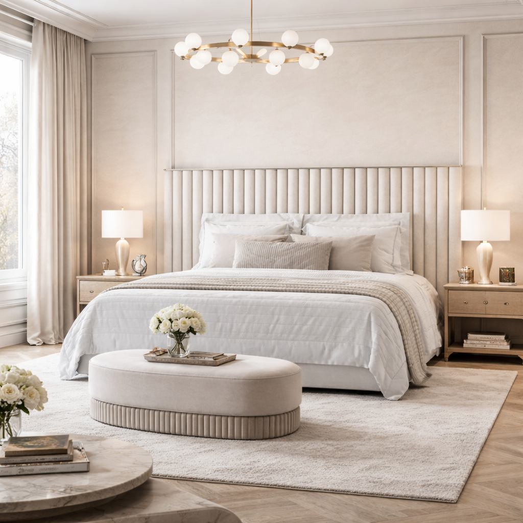 Roman Pillar Bed by Urbana Craft showcased in a refined modern master suite.