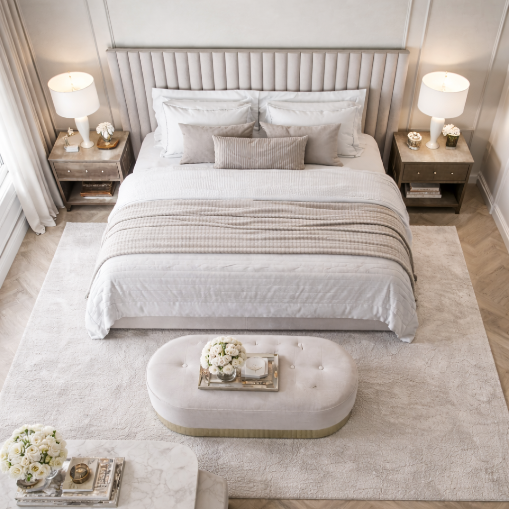 Roman Pillar Bed by Urbana Craft presented in a luxury designer bedroom.