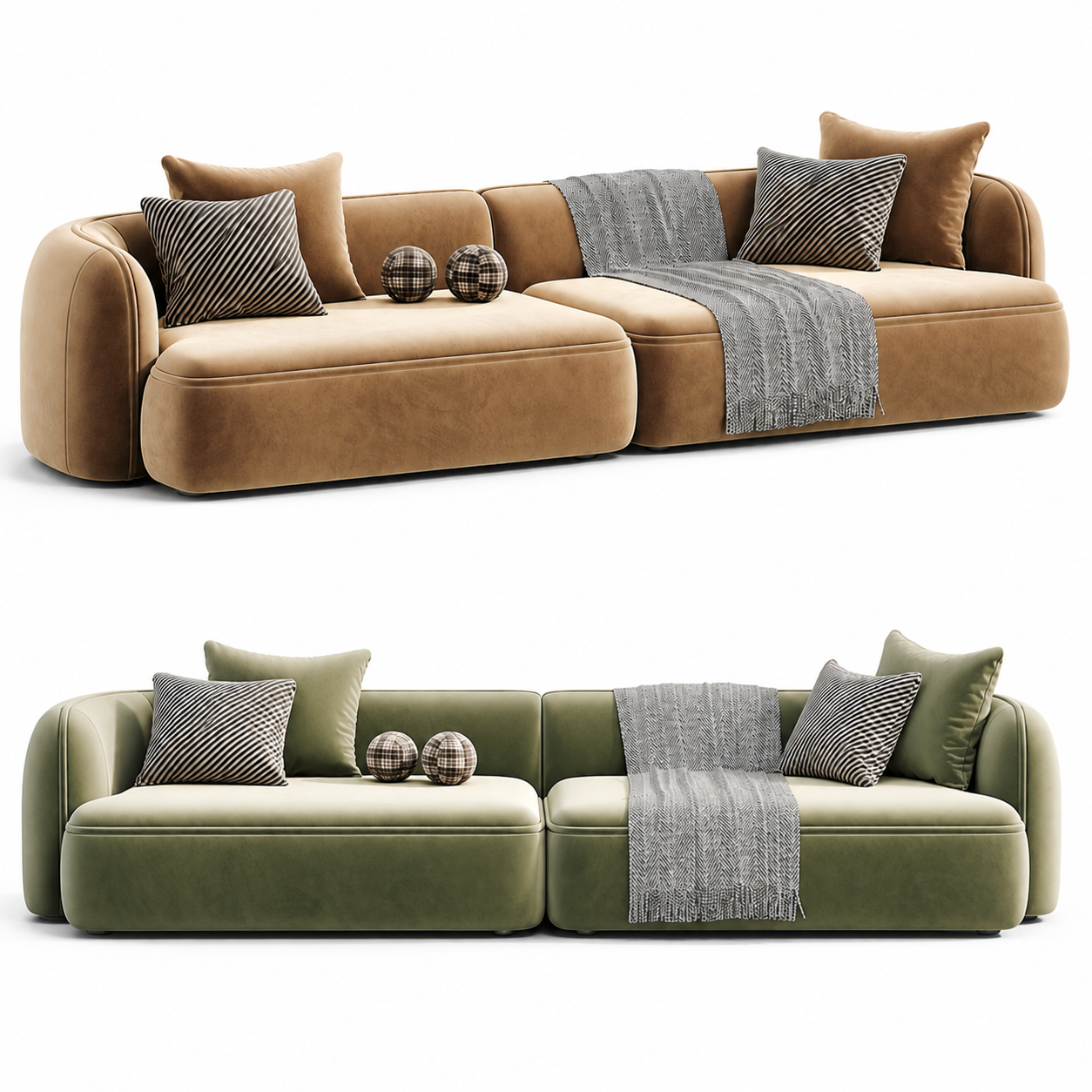 Sculpted Form Sofa by Urbana Craft shown in dual studio views highlighting its premium design and sculptural silhouette.