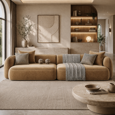 Sculpted Form Sofa by Urbana Craft styled in a luxury contemporary living room.