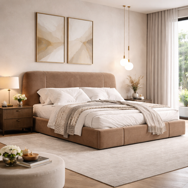 Velora Crest Bed by Urbana Craft styled in a luxury contemporary bedroom.