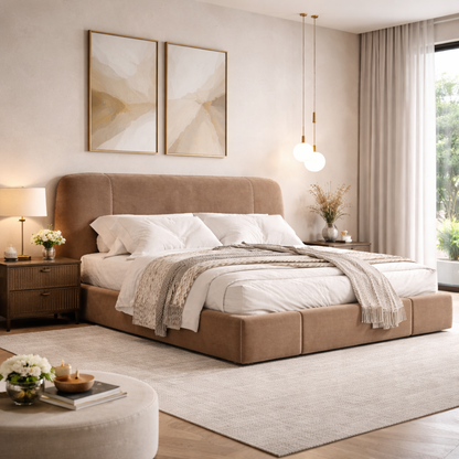 Velora Crest Bed by Urbana Craft styled in a luxury contemporary bedroom.