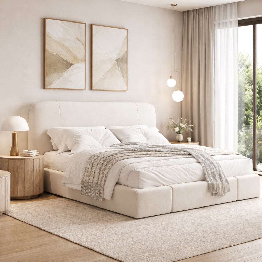 Velora Crest Bed by Urbana Craft furnished in a premium architectural bedroom.