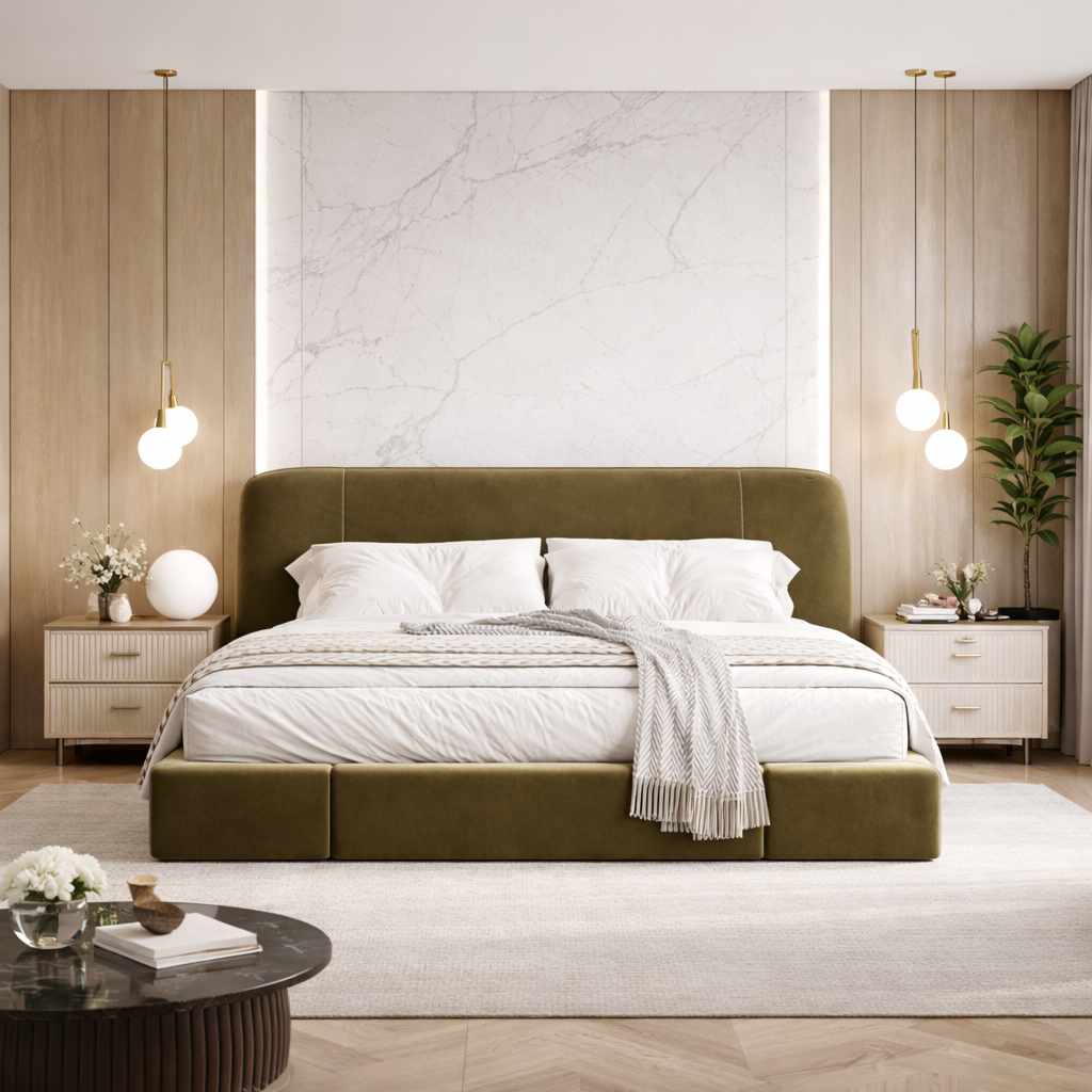 Velora Crest Bed by Urbana Craft showcased in a refined modern master suite.